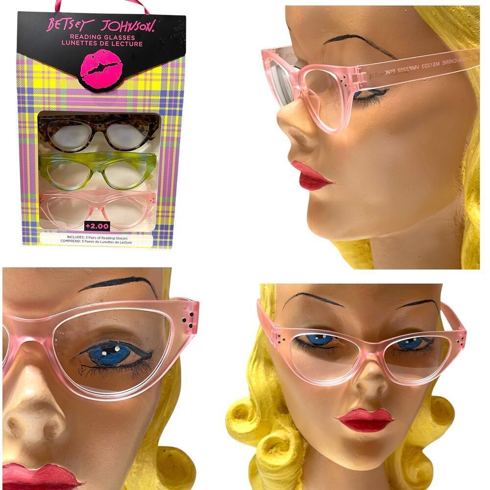 Betsey Johnson +2.00 Reading Glasses Readers 3 Pack Set Pink Green Multicolor - Picture 6 of 9
